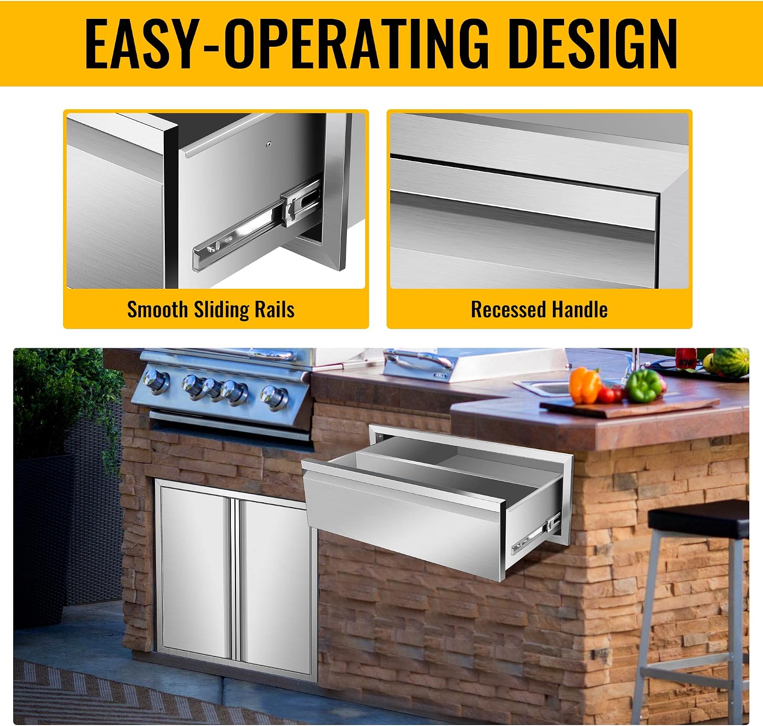Outdoor Kitchen Drawers, 30W x 10H x 23D Stainless Steel Flush Mount BBQ Single Drawer for Outdoor Kitchen Island, or Patio Grill Station