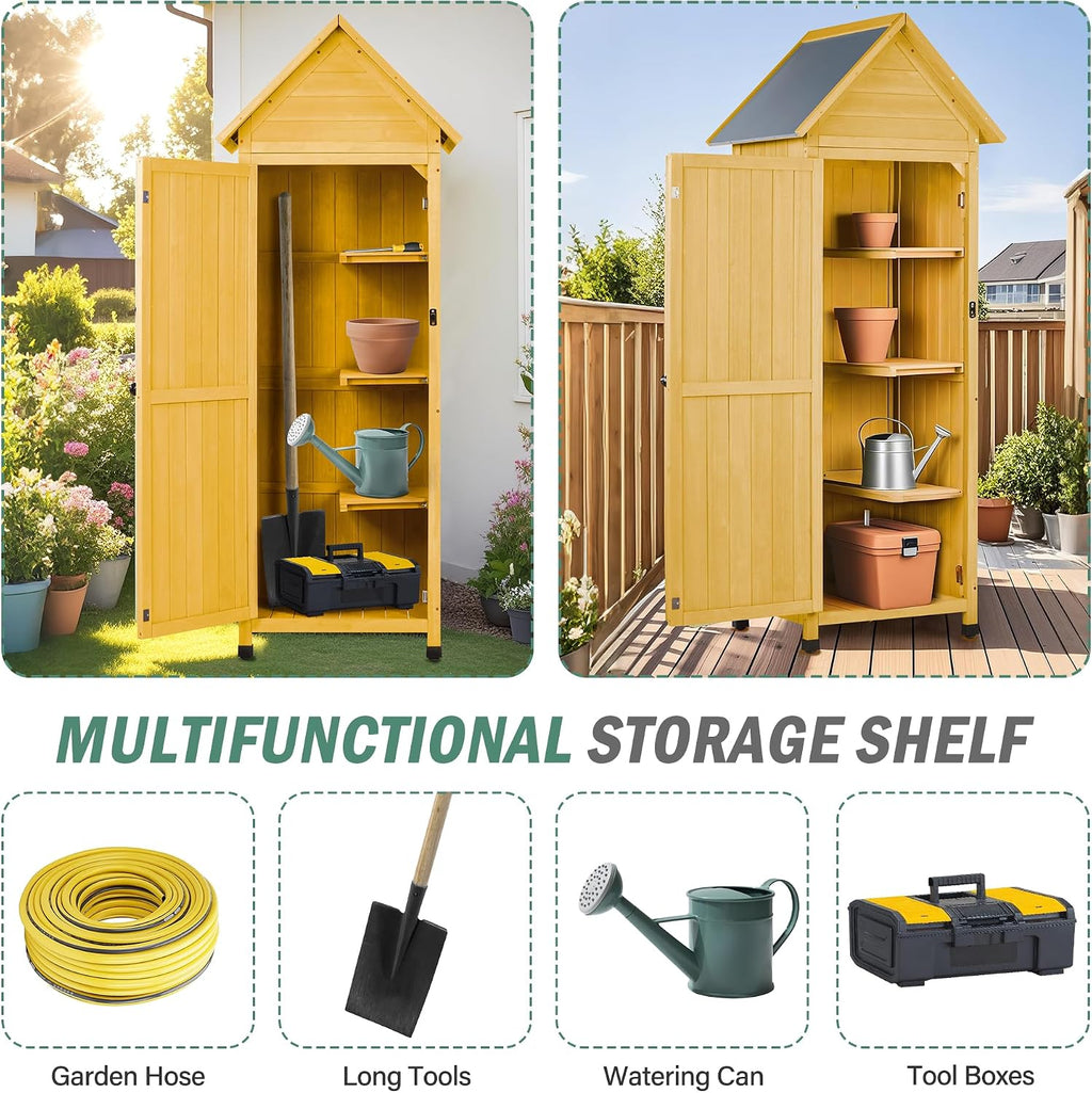 Wooden Outdoor Storage Cabinet,Tall Vertical Garden Tool Shed with Waterproof Metal Roof & Adjustable Feet – Perfect for Yard, Patio, Lawn & Deck (Yellow, 22' x 26' x 67')