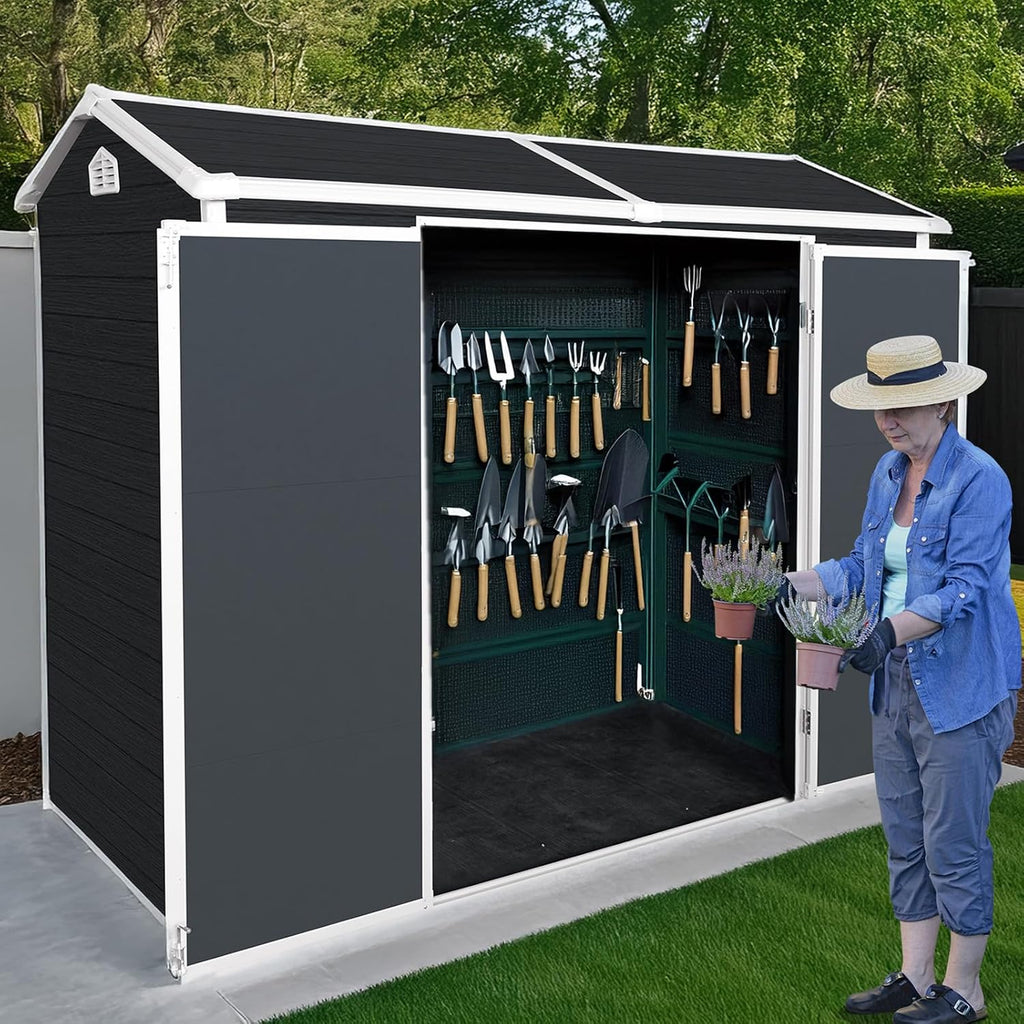 8x4FT Plastic Sheds & Outdoor Storage, Resin Shed with Floor, Plastic Storage Shed with Double Lockable Doors, Windows & Steel Frame, Lawn Mower Shed for Backyard/Garden Tools/Bike (8x4FT)