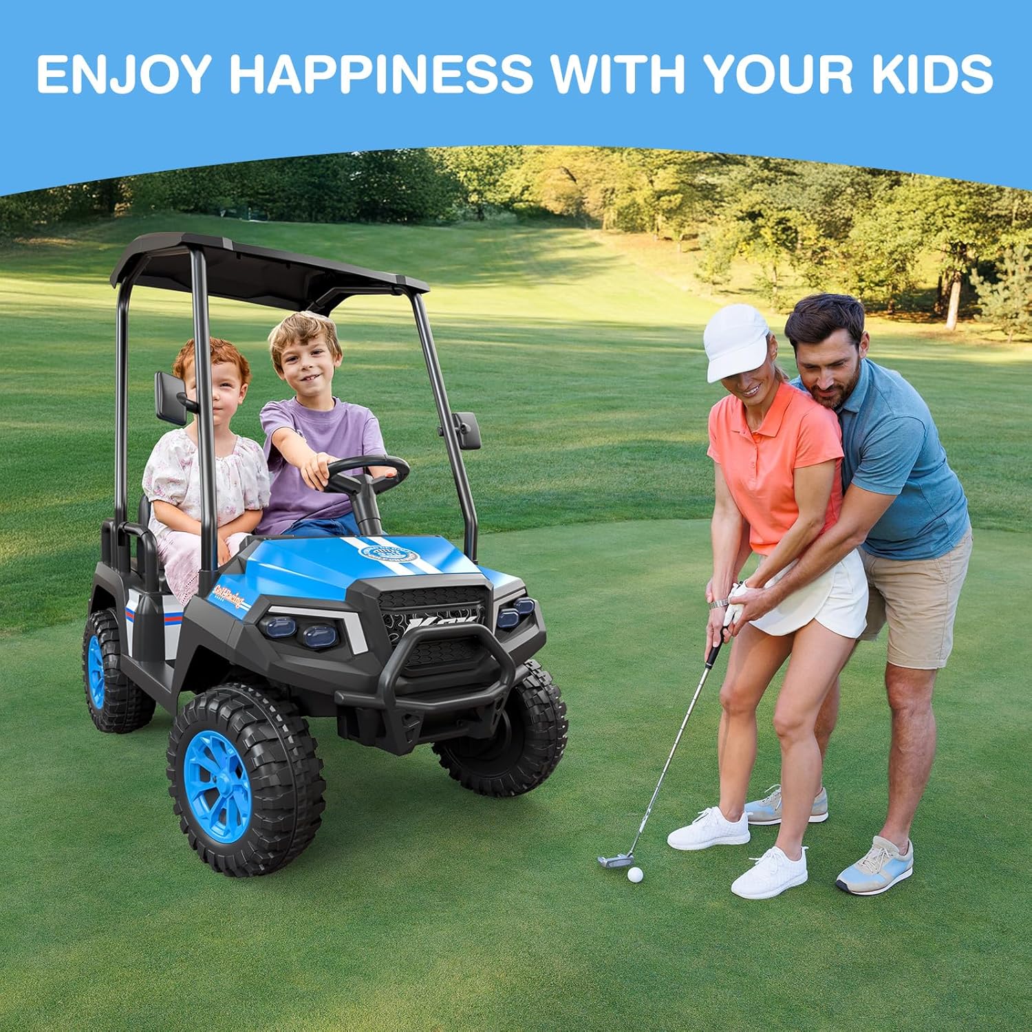 R9 24V Kids Golf Cart, 4 Seats, 4WD Kids Electric Car w/Remote Control, Spring Suspension, Multimedia Functions Including Music, Story, Wireless Connection, Horn, Power Display, Detachable Awning