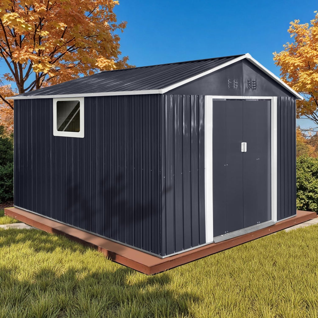 9' x 10.5' XL Outdoor Storage Shed, Sturdy Metal Building w/Windows & Lockable Doors for Garden, Backyard, Poolside and Lawn, Anthracite