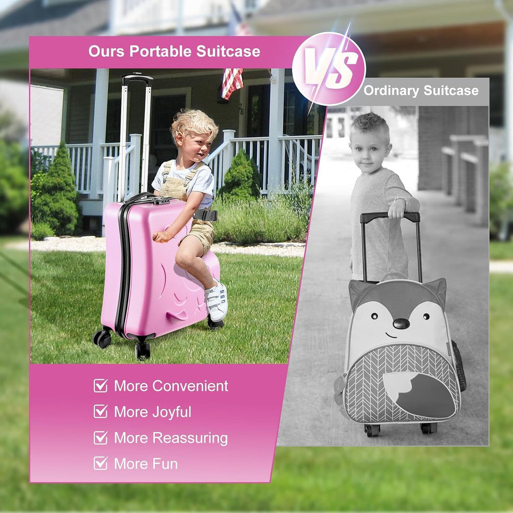 22 Inch Kid Ride Suitcase, Kid Luggage Seat Ride With Lock - Kids Travel Trolley With Safety Belt, Luggage For Kids Airplane Travel,Suitcase To Aged 1-6 Years Old,ABS+PC(Pink)