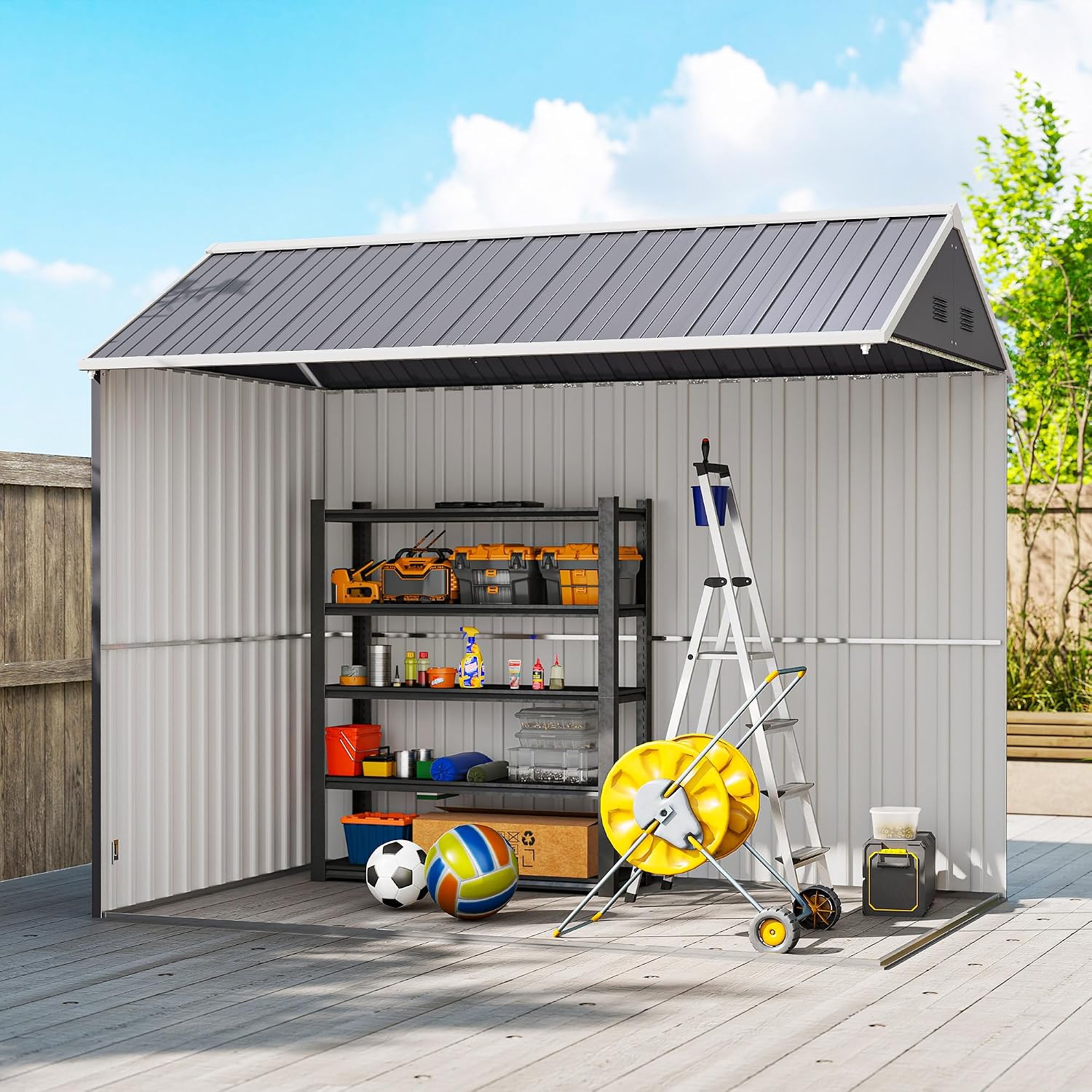 Outsunny 8' x 5.5' Outdoor Storage Shed, Metal Garden Shed with Window & Double Lockable Door, Outdoor Tool Shed Storage with Sloped Roof for Backyard, Patio, Garage, Lawn, Gray