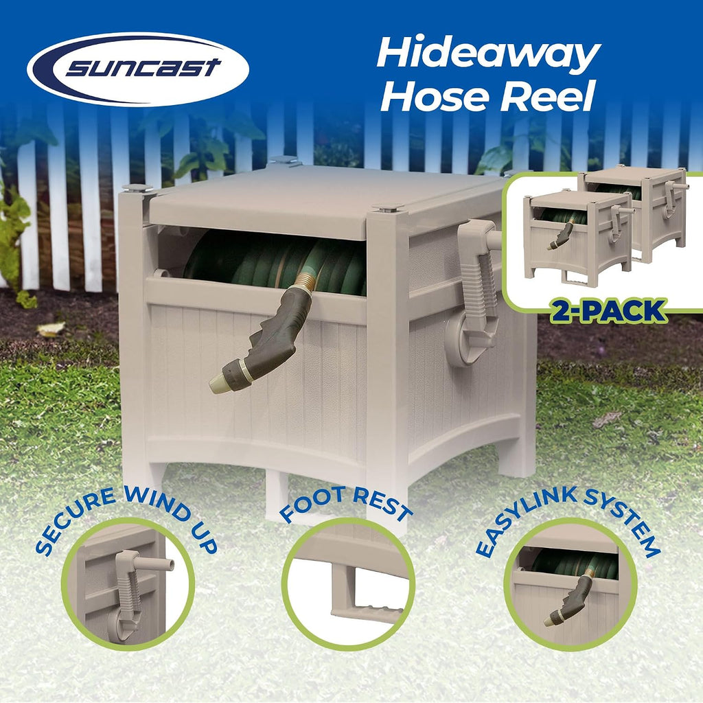 Suncast 100 Foot Capacity Hideaway Garden Hose Reel for 1.9 inches Hose Outdoor Storage with Stay Up Lid and Crank Handle, Taupe 2 Pack