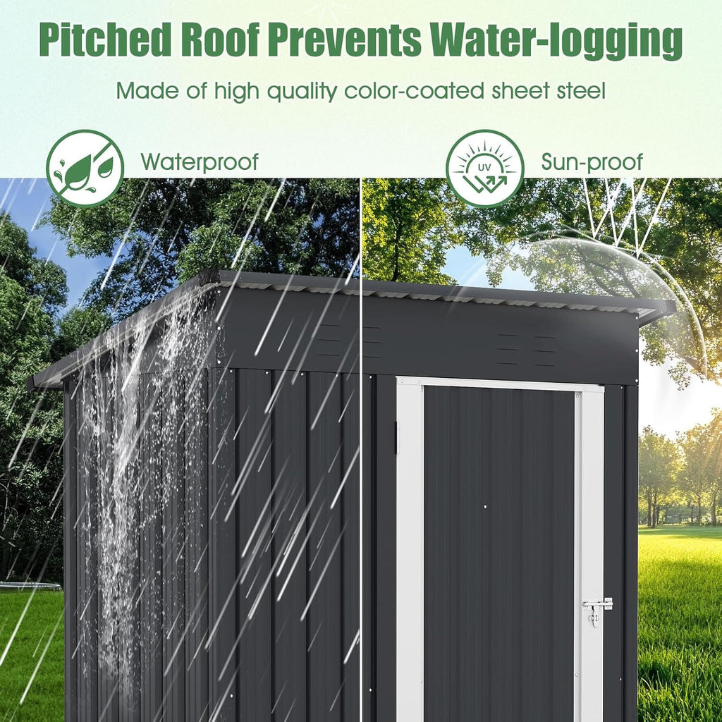 Goplus 5 x 3 FT Outdoor Storage Shed, Galvanized Metal Tool House w/Sloped Roof, 2 Vents, Lockable Door, Waterproof & Windproof Utility Tool Organizer for Garden, Backyard, Lawn, Patio, Gray