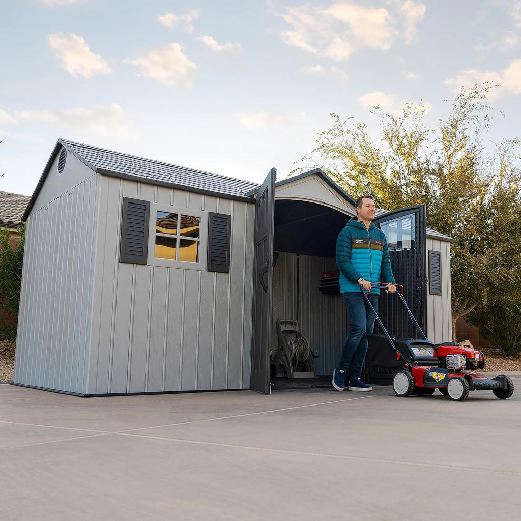 Lifetime Outdoor Storage Shed, 15x8 Ft, Gray, Resin Backyard Tool Shed with Lockable Doors and Weather-Resistant Panels