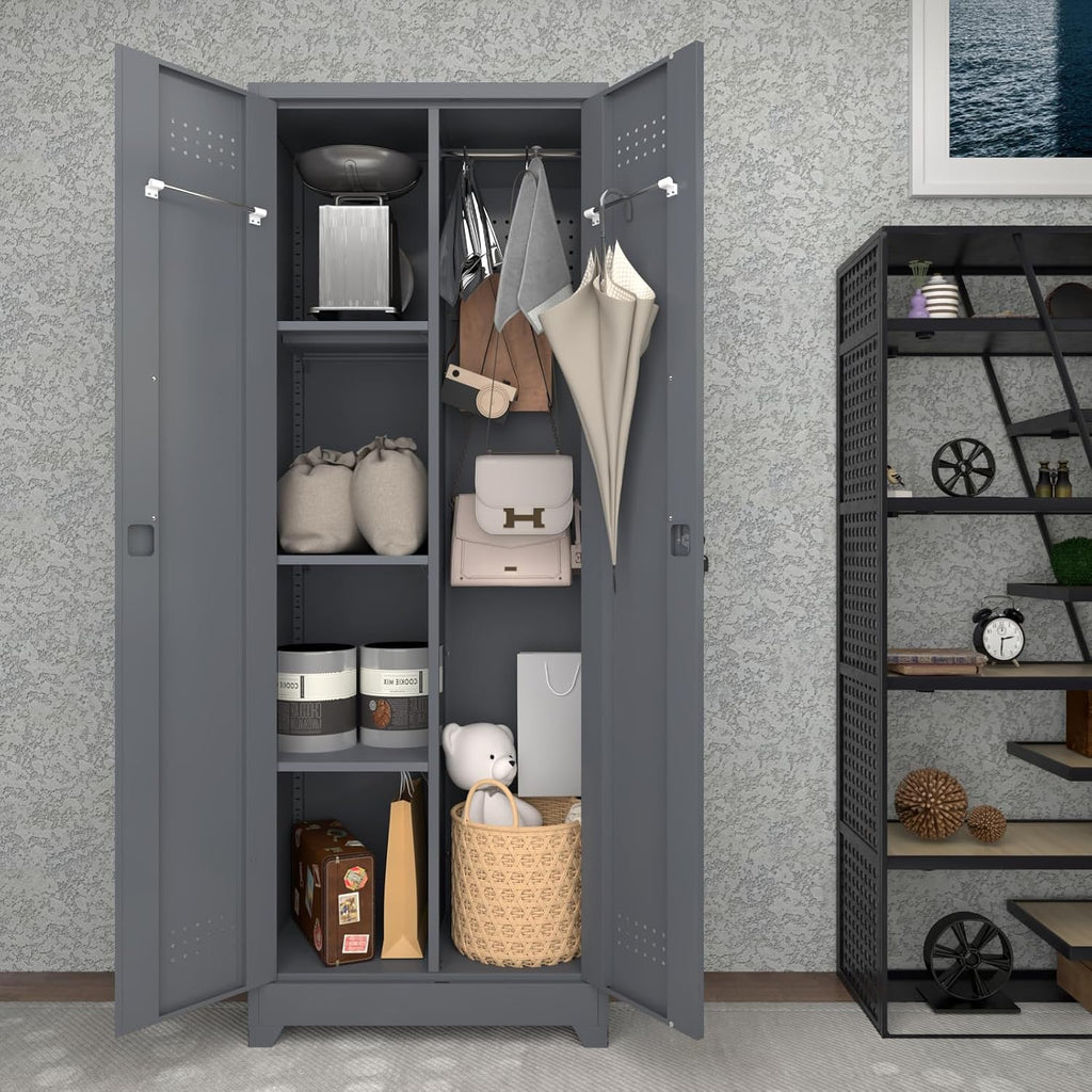 65' H Metal Storage Cabinet,Broom Closet Storage Cabinet with Adjustable Shelves,Locking Steel Cabinets with Pegboard and Hanging Rod,Utility Closet for Brooms and Mops,Grey