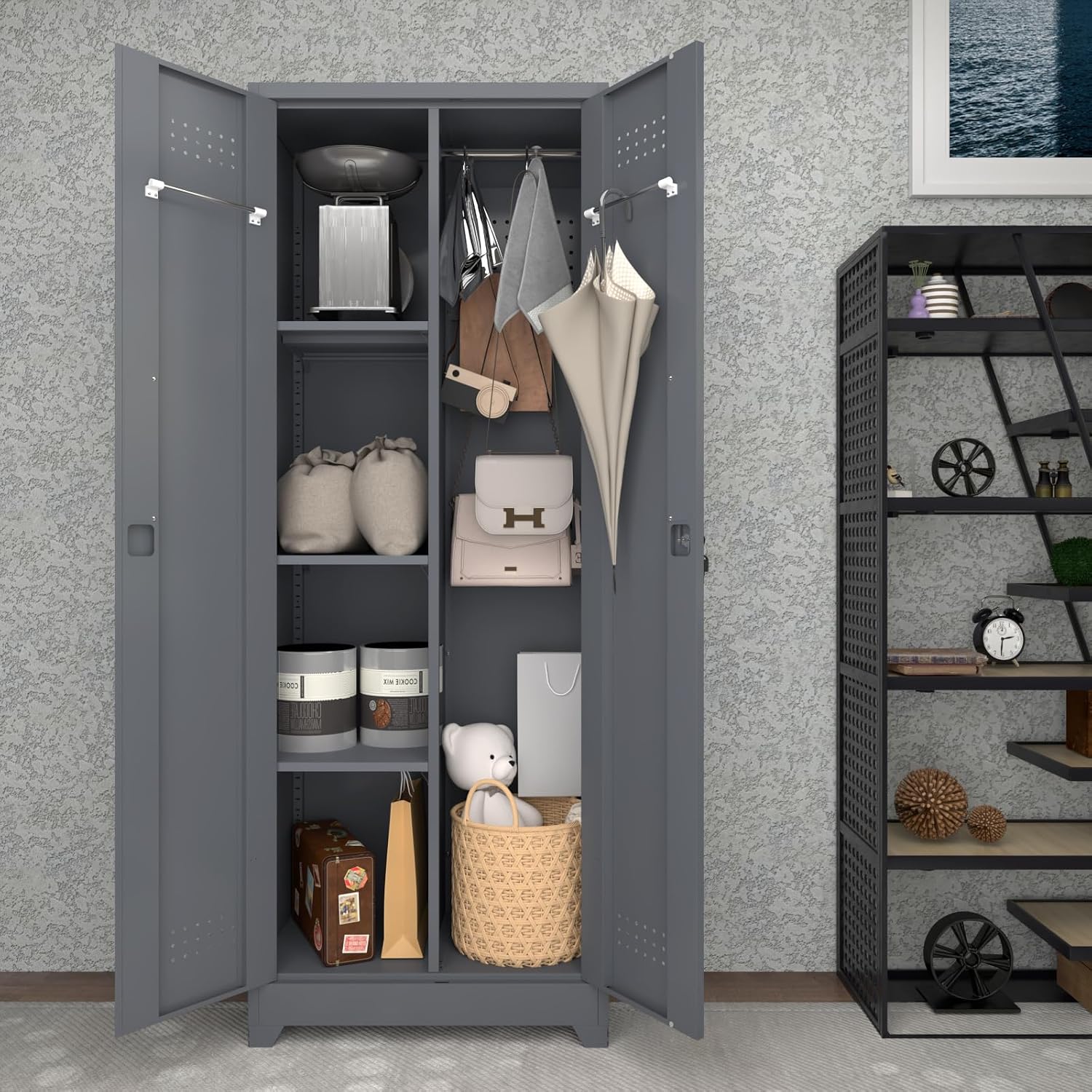 65' H Metal Storage Cabinet,Broom Closet Storage Cabinet with Adjustable Shelves,Locking Steel Cabinets with Pegboard and Hanging Rod,Utility Closet for Brooms and Mops,Grey