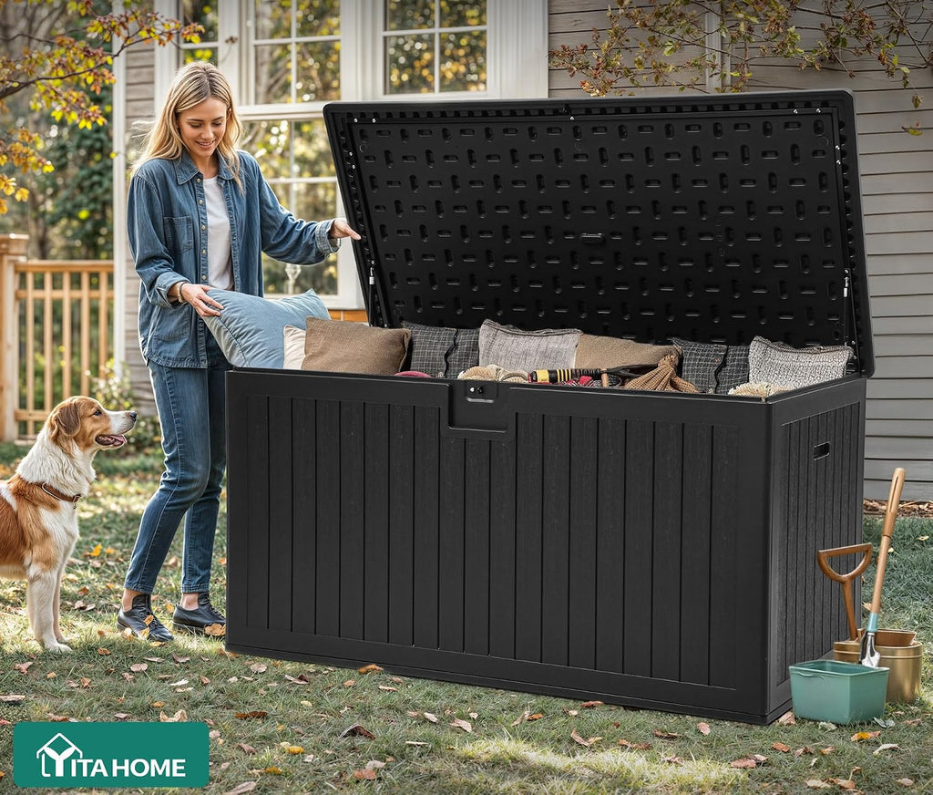 YITAHOME 260 Gallon Large Deck Box with Divider & Side Handles, Outdoor Double-Wall Storage for Patio Furniture Cushions, Garden Pool Accessories, Water Resistant & Lockable, Black
