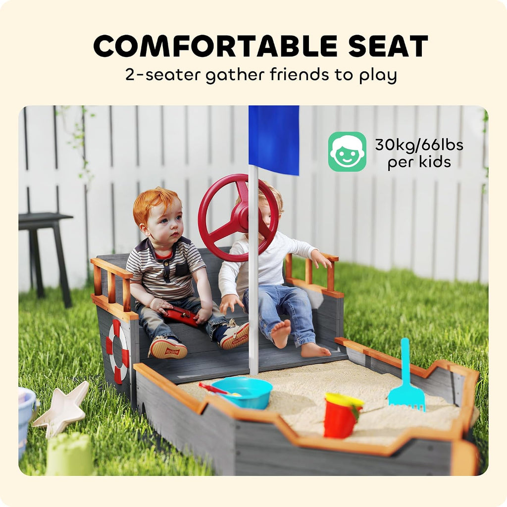 Outsunny Wooden Kids Sandbox, Ship-Shape Outdoor Sandboat with Bench Seats, Storage, Non-Woven Fabric Cloth for Backyard, Lawn, Dark Gray