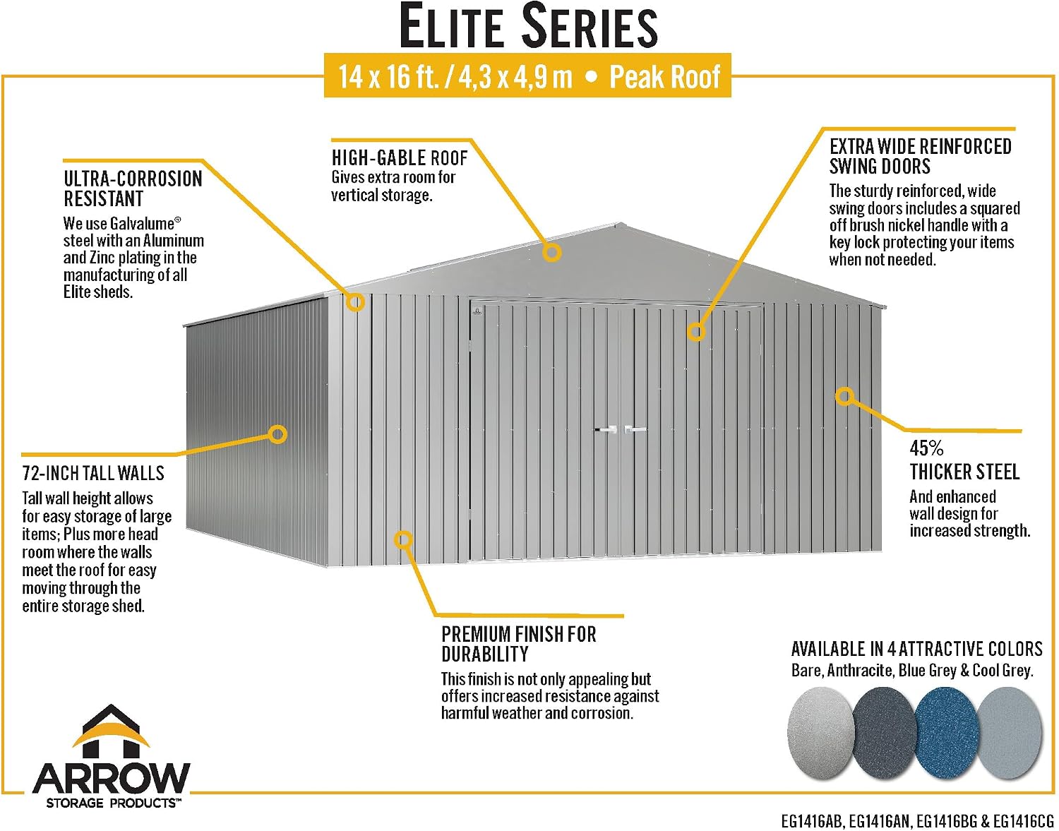 Arrow Shed Elite 14' x 16' Tall Outdoor Steel Storage Shed with High Gable and Lockable Doors Storage Building, Anthracite