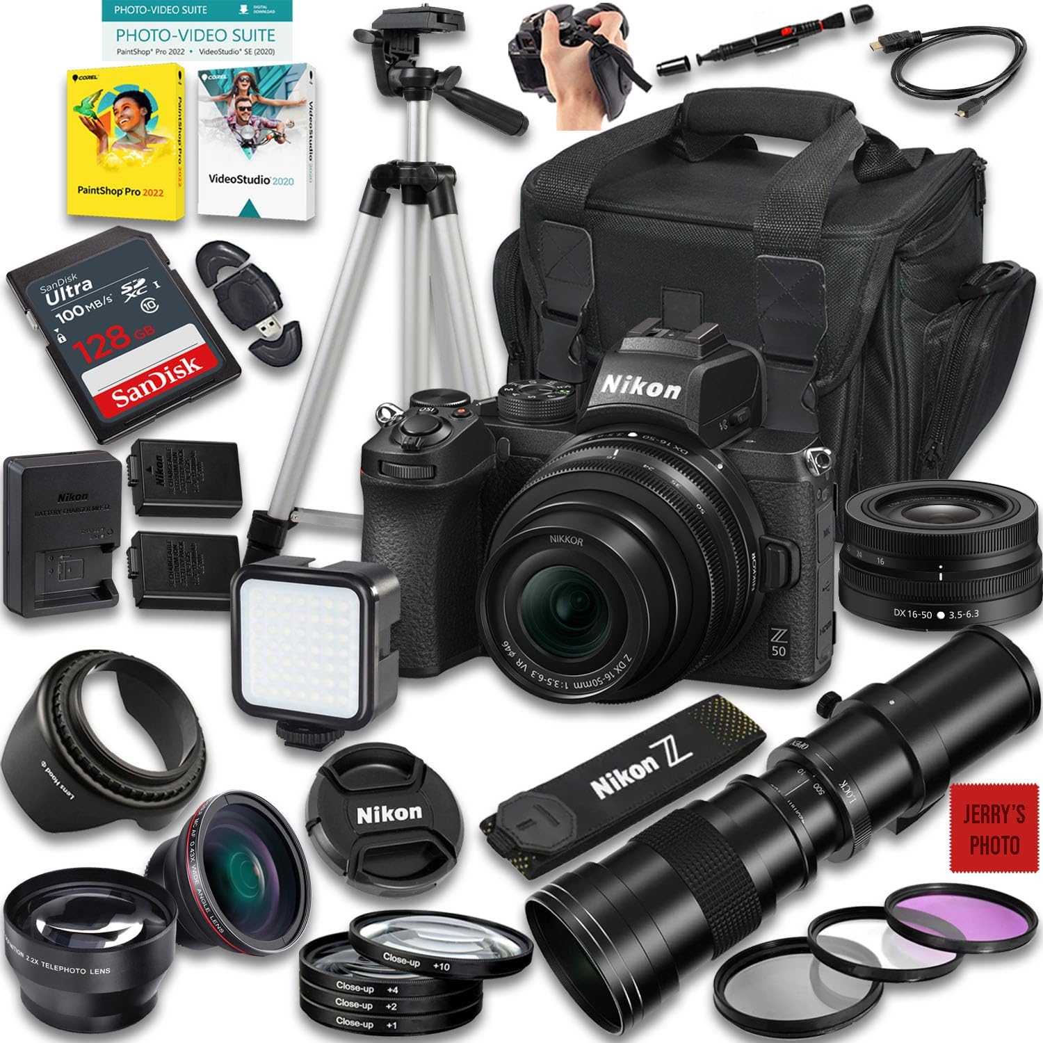 Nikon Z50 Mirrorless Camera with Z DX 16-50mm f/3.5-6.3 VR and 420-800mm f/8 Manual Super HD Telephoto Lens + 128 GB Memory + Extra Battery + Camera Case + More (31pc Bundle) (Renewed)