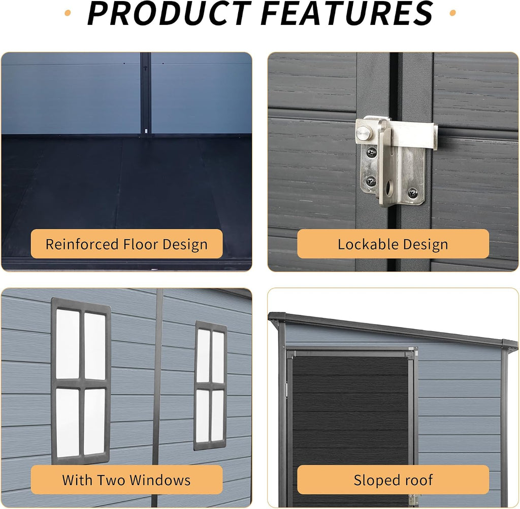 4x8ft Resin Lean to Shed with Floor, Outdoor Storage Shed with 2 Windows, Plastic Shed & Outdoor Storage Clearance for Patio Furniture, Garden Tools Bike Accessories, Beach Chairs, Black+Grey