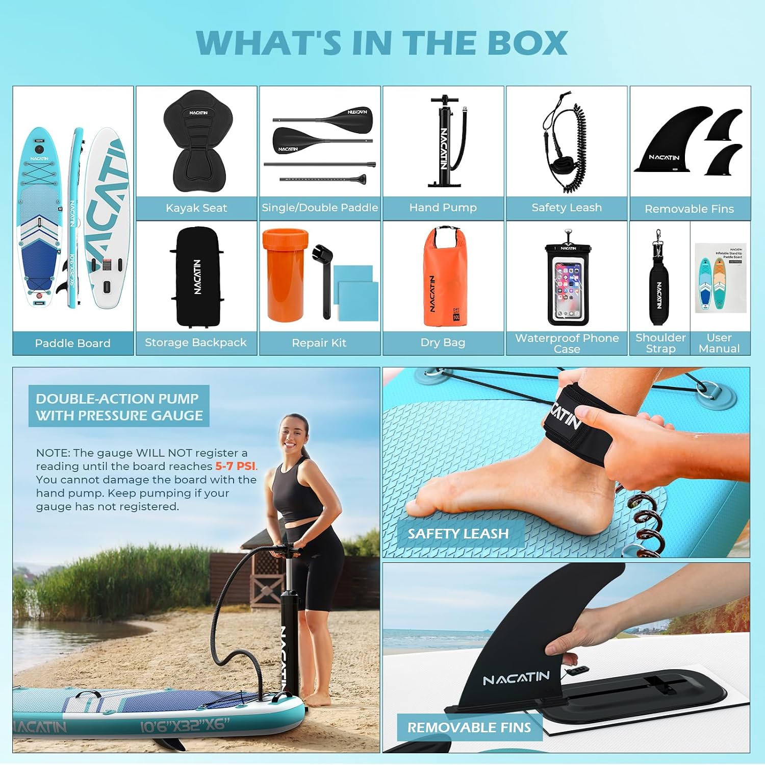 NACATIN Inflatable Stand Up Paddle Board,10'6'Upgrade Version Blow Up Paddle Boards for Adults with Premium SUP Accessories& Backpack,Adjustable Paddle,Camera Mount,Hand Pump, for Lake, River, Yoga