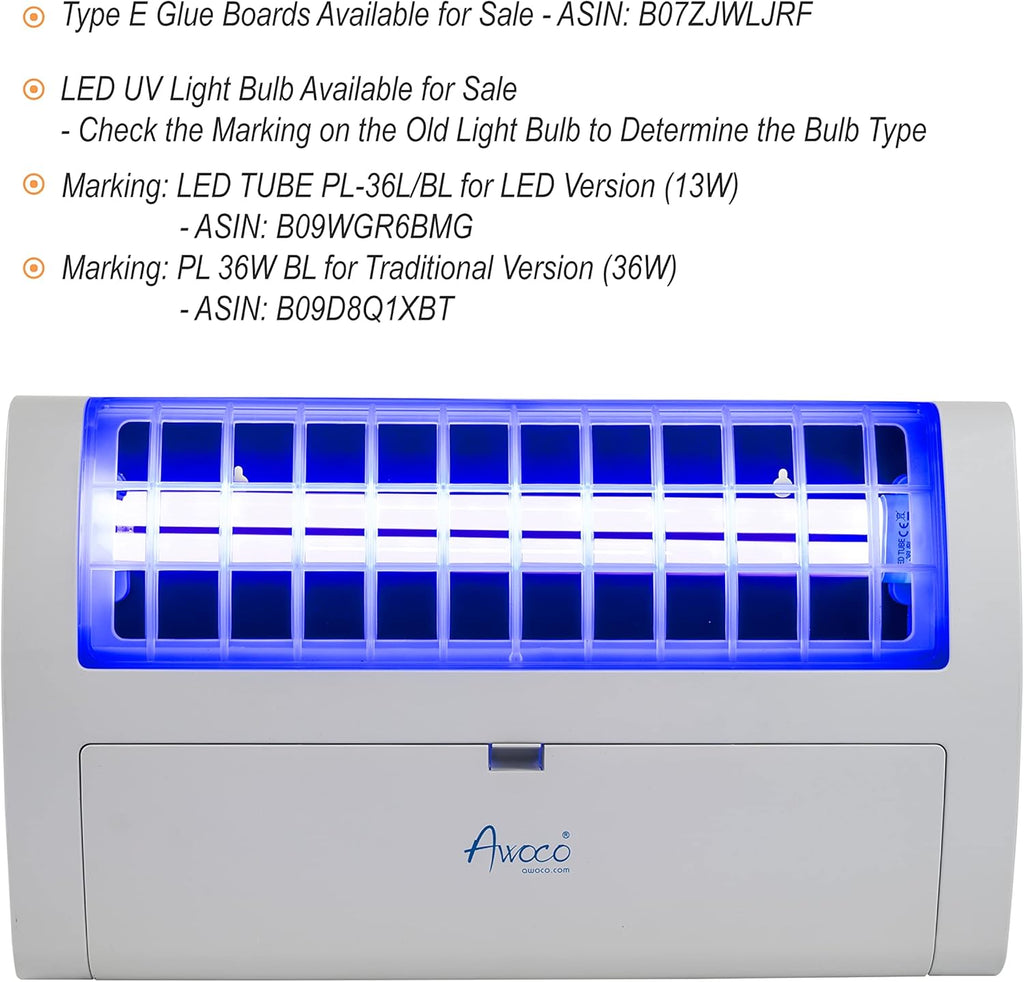 Awoco LED 13W 100V-240V Wall Mount Sticky Fly Trap Lamp XL 78' Extra Long Power Cord for Capturing Flies, Mosquitoes, Moths and Flying Insects (Fly Trap XL + 6 Glue Boards)