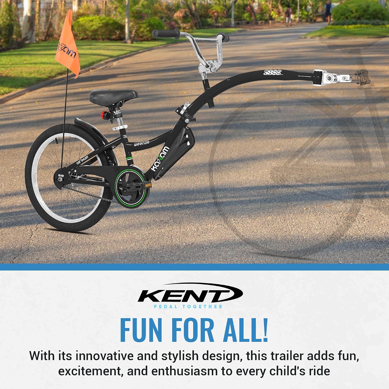 KaZAM Co-Pilot Bike Trailer - 20 Inch Bike Trailer with Adjustable BMX Stem and Handlebar - Lightweight Aluminum Frame and Padded Saddle for Cycling - Perfect for Family Rides