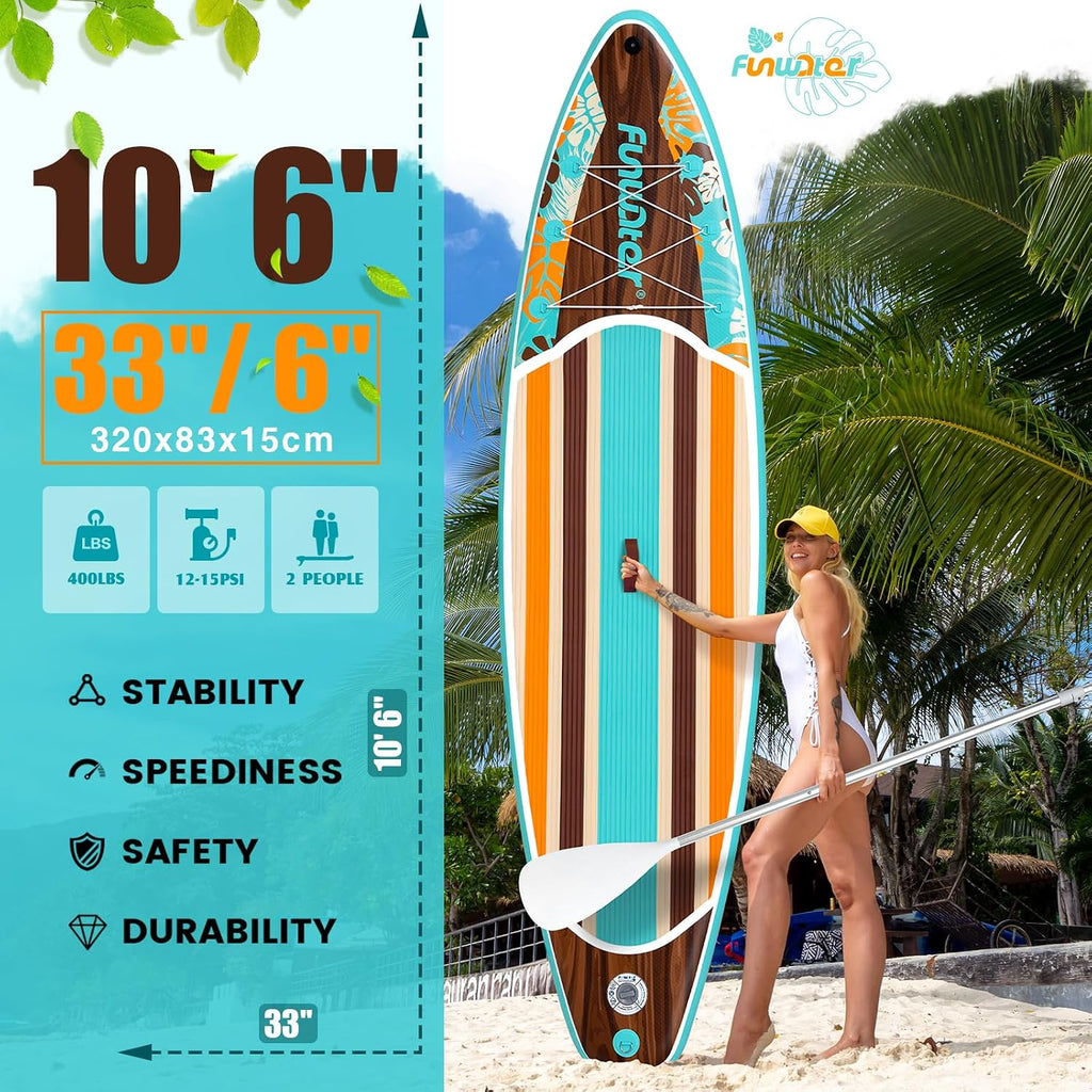 FunWater 11'/10'6' Inflatable Stand Up Paddle Board with Premium SUP Paddleboard Accessories, Wide Stable Anti-Slip EVA Deck,Paddle Boards for Adults & Youth of All Skill Levels