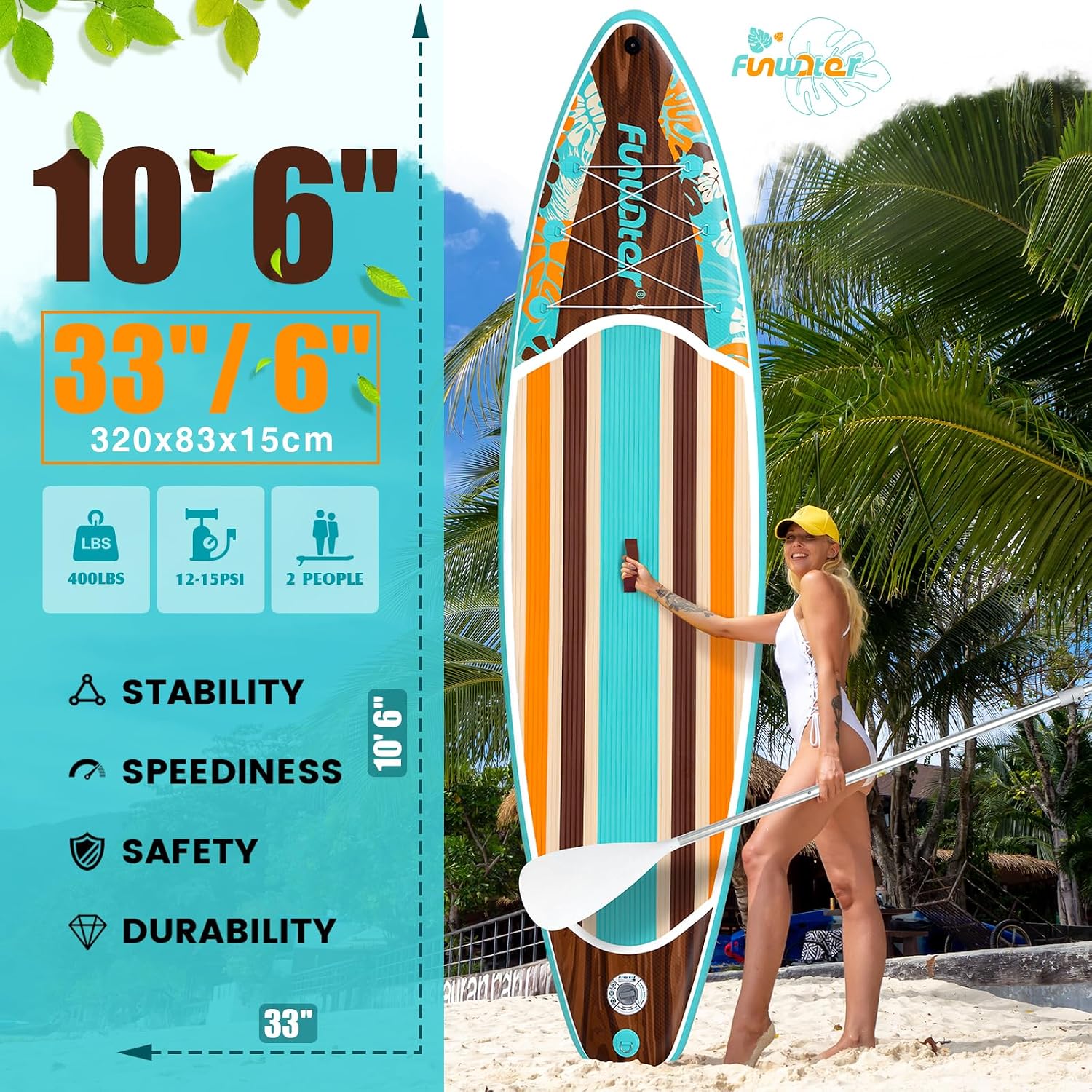 FunWater 11'/10'6' Inflatable Stand Up Paddle Board with Premium SUP Paddleboard Accessories, Wide Stable Anti-Slip EVA Deck,Paddle Boards for Adults & Youth of All Skill Levels