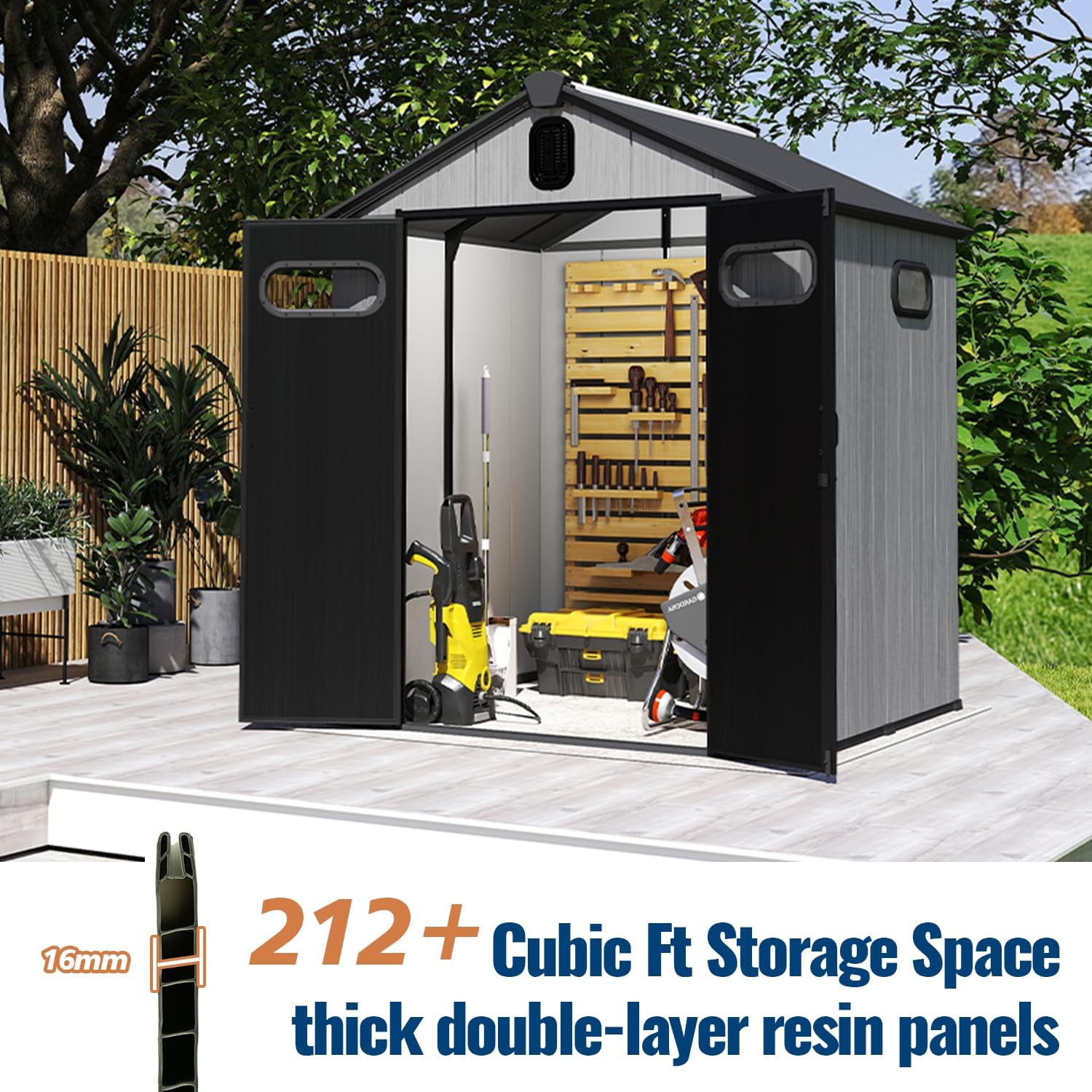 Domi 6x6Ft Resin Outdoor Storage Shed, Small Plastic Garden Shed with Carpet, Outside Weatherproof Storage Building for Tools, Bike, Lawn Mower, Patio, Backyard
