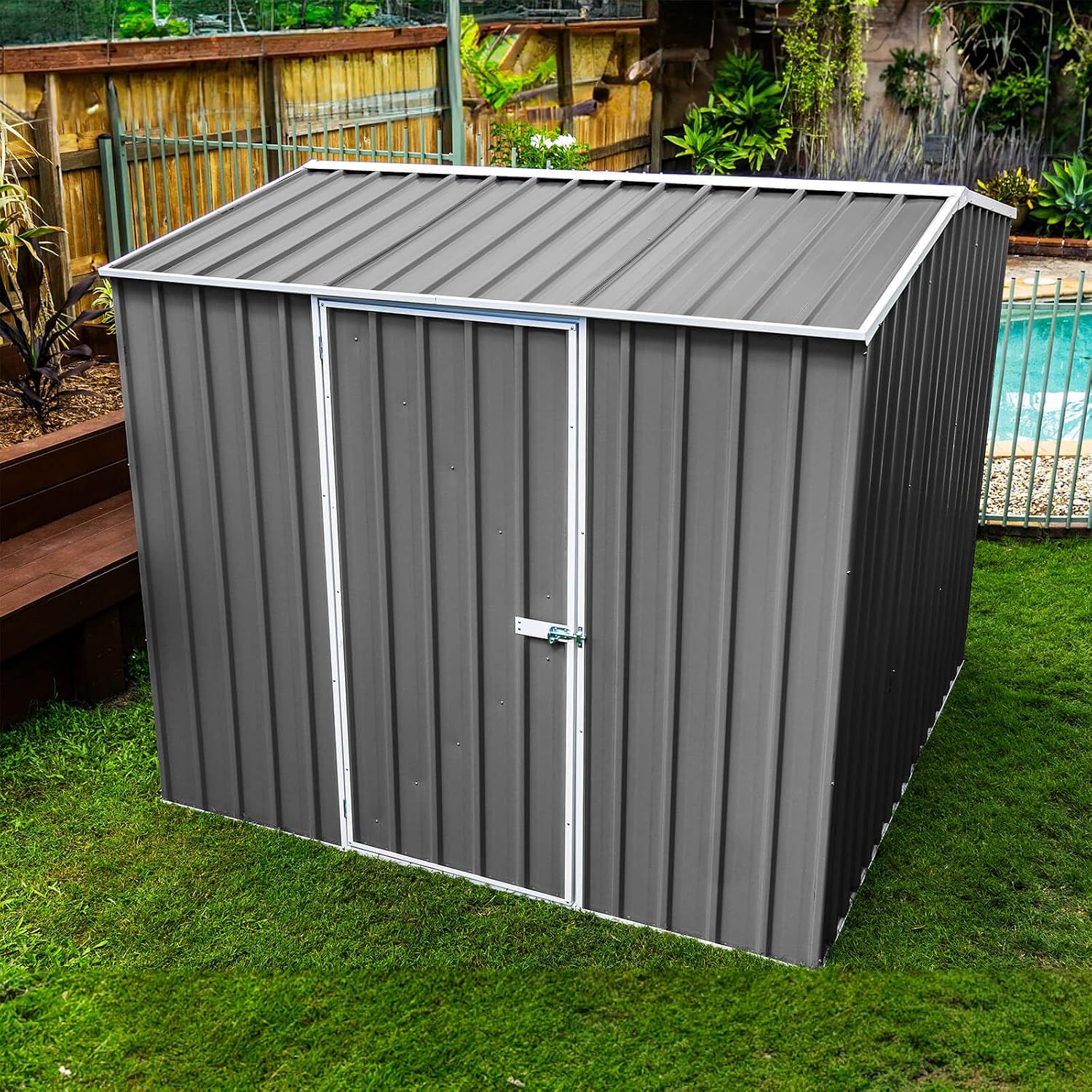 Absco Premier Storage Sheds, 7'x7' Metal Garage, DIY Backyard Shed, Utility Tool Storage, Weather & Wind Resistant Aluminum Panels & Steel Frame, Maintenance-Free, 12 Year Warranty, Woodland Gray