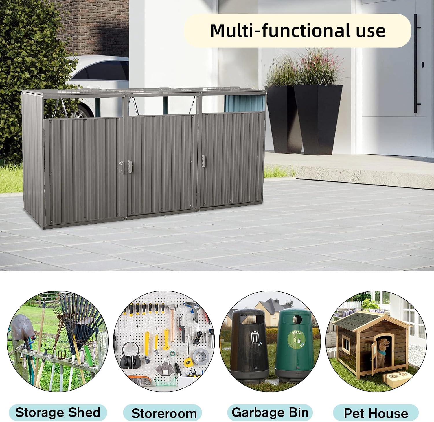 82.7 Cu.Ft Outdoor Trash Can Storage Shed, Metal Trash Can Storage Bin with Spring Chain Lid for Garbage Storage, Waterproof Storage Shed Stores for 3 Trash Cans, Garden Tools, Gray