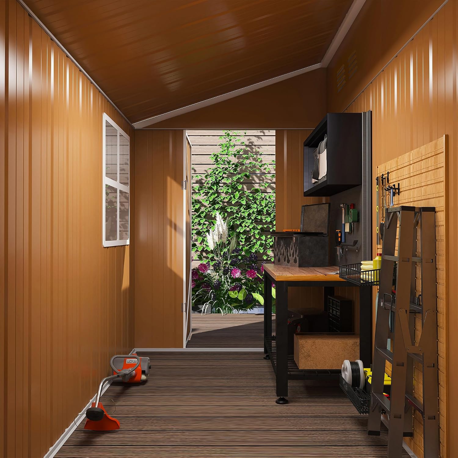 8x4 FT Heavy-Duty Metal Tool Shed with Windows, Lockable Door & Ventilation, Weatherproof Outdoor Garden Storage Shed for Backyard, Lawn, and Tool Organization, Brown