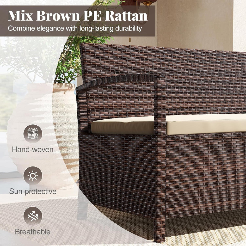 Tangkula 42 Gallon Outdoor Bench with Storage, Outdoor PE Rattan Storage Bench with Cushion, Backrest & Acacia Wood Armrests, Metal Frame, Waterproof Deck Box Seat for Porch Backyard Poolside