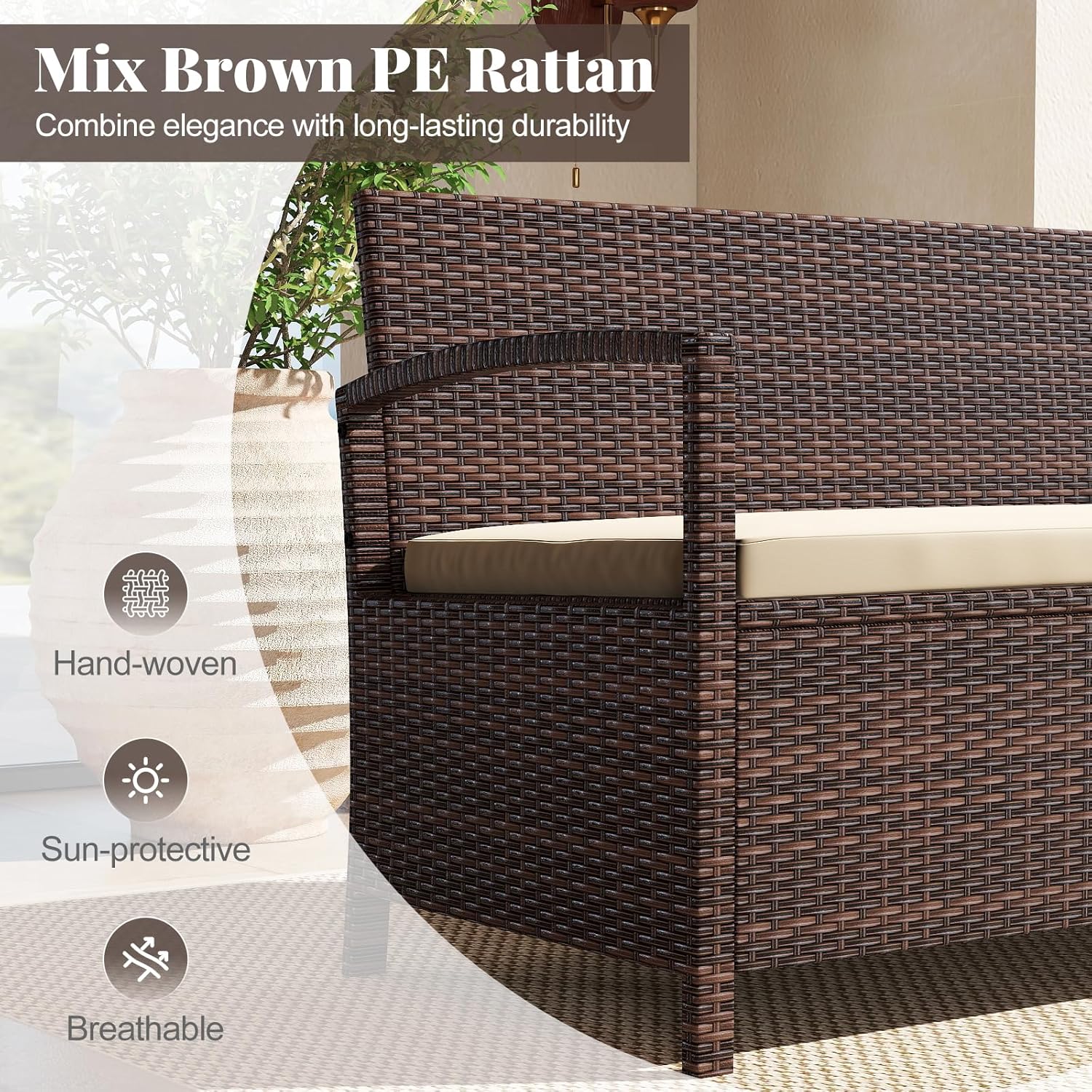 Tangkula 42 Gallon Outdoor Bench with Storage, Outdoor PE Rattan Storage Bench with Cushion, Backrest & Acacia Wood Armrests, Metal Frame, Waterproof Deck Box Seat for Porch Backyard Poolside