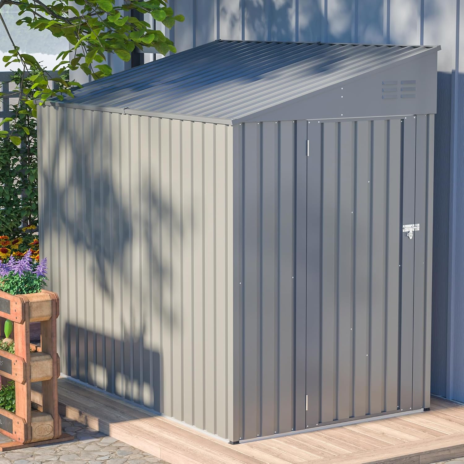 YOPTO 4x7 FT Outdoor Storage Shed,Lean to Lockable Metal Garden Shed Steel with Reinforced Beams,All Weather Waterproof Storage House W/Lockable Door&2 Air Vents,for Backyard,Patio,Lawn,Garden,Gray
