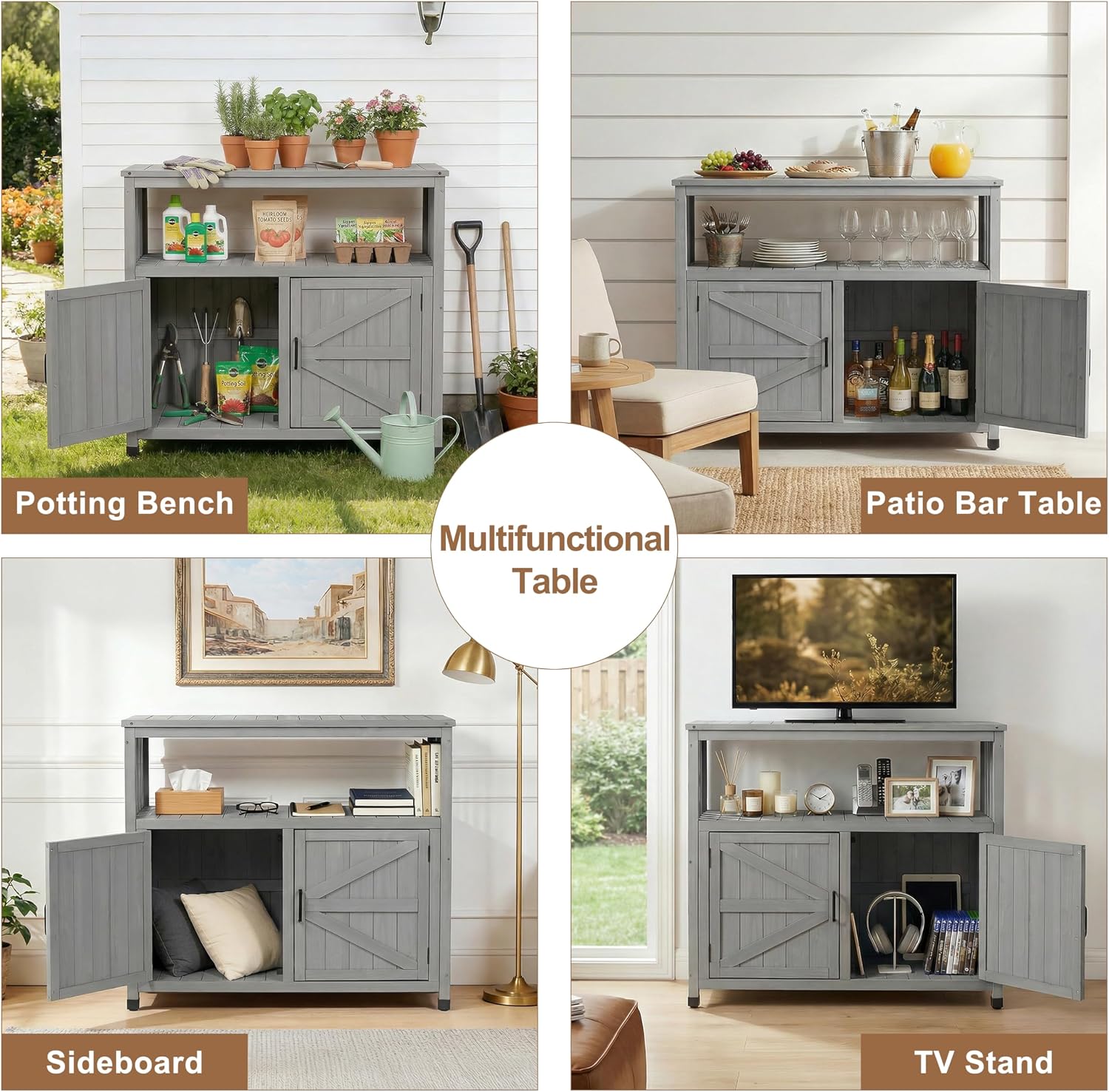 Mederlo Wooden Patio Bar Table with Storage, Cedar Outdoor Buffet Cabinet Sideboard, 42 x 18 x 37 in Serving Station with Double-Layer Tabletop for Patio, Deck, Backyard, Indoor