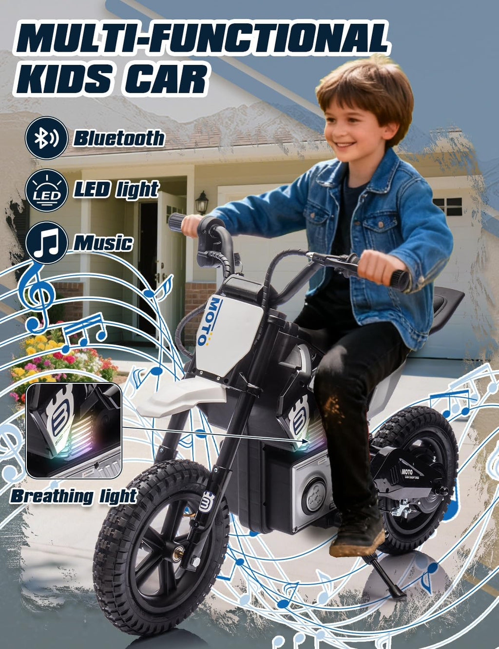 Electric Motorcycle for Kids Ages 5-10, 24V 200W Higher Speed Electric Dirt Bike, Kids Ride On Motorcycle with Rear Wheel Shock Absorber, LED Breath Light, Bluetooth, Music, Horn, Black