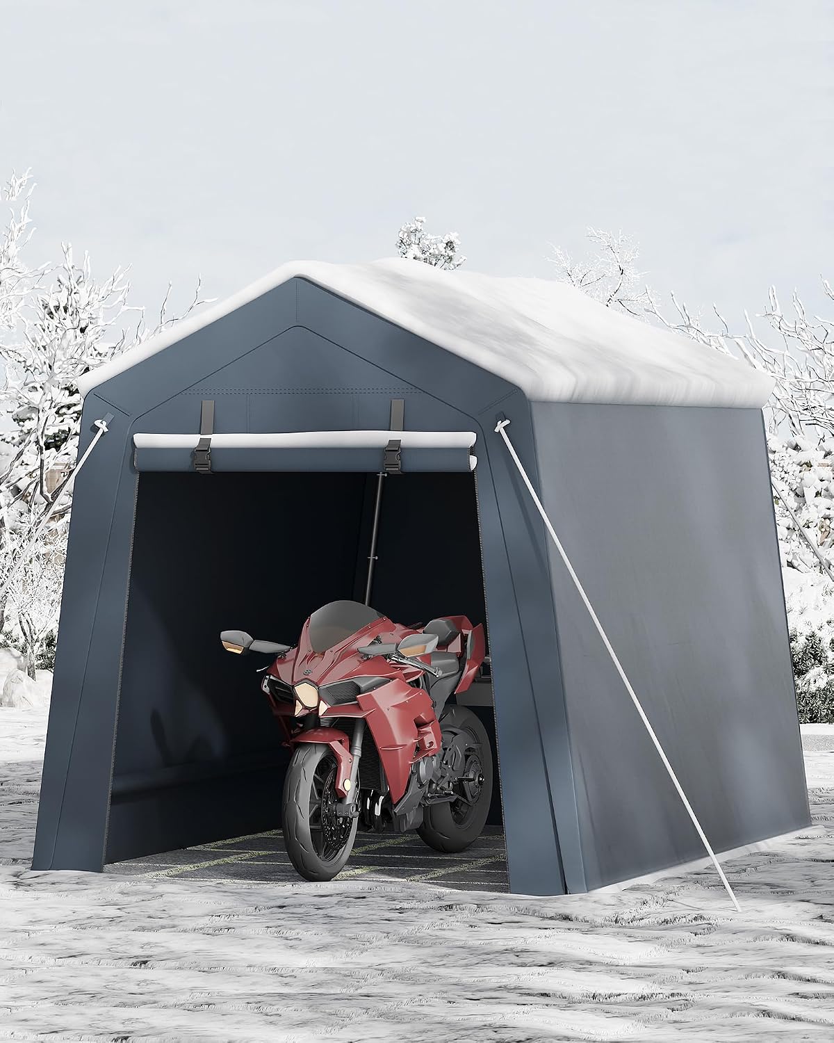 GarveeHome 6x6 FT Portable Outdoor Storage Shed with Roll-Up Zipper Door & Vent, 240G Heavy-Duty Shelter Waterproof PE Tarp, UV-Resistant Carport for Motorcycle, Firewood, Tools -Gray