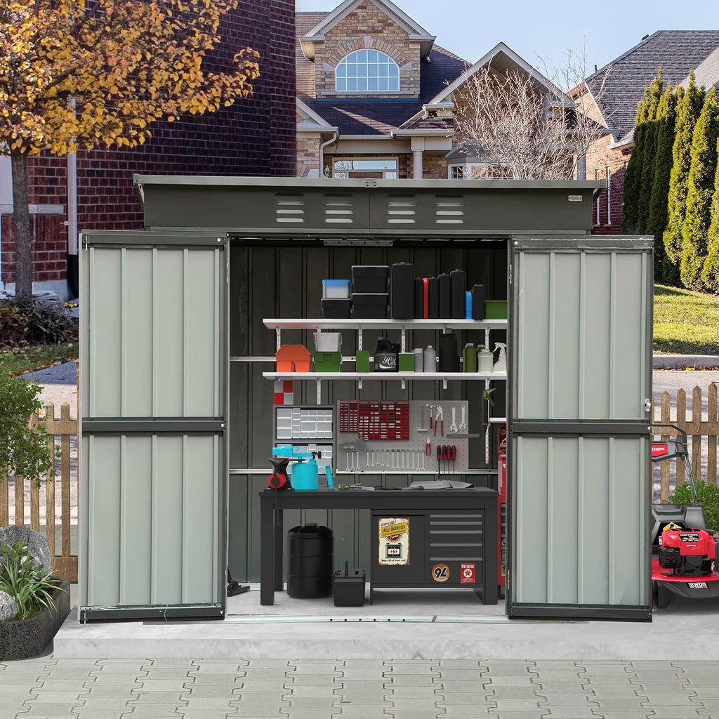 Domi Outdoor Storage Shed 5' x 3', Metal Garden Shed with Galvanized Steel Frame for Bike, Tools, Lawn Mowers, Pool Toys, Outdoor Storage Cabinet with Lockable Door for Garden Lawn Patio (Dark Grey)