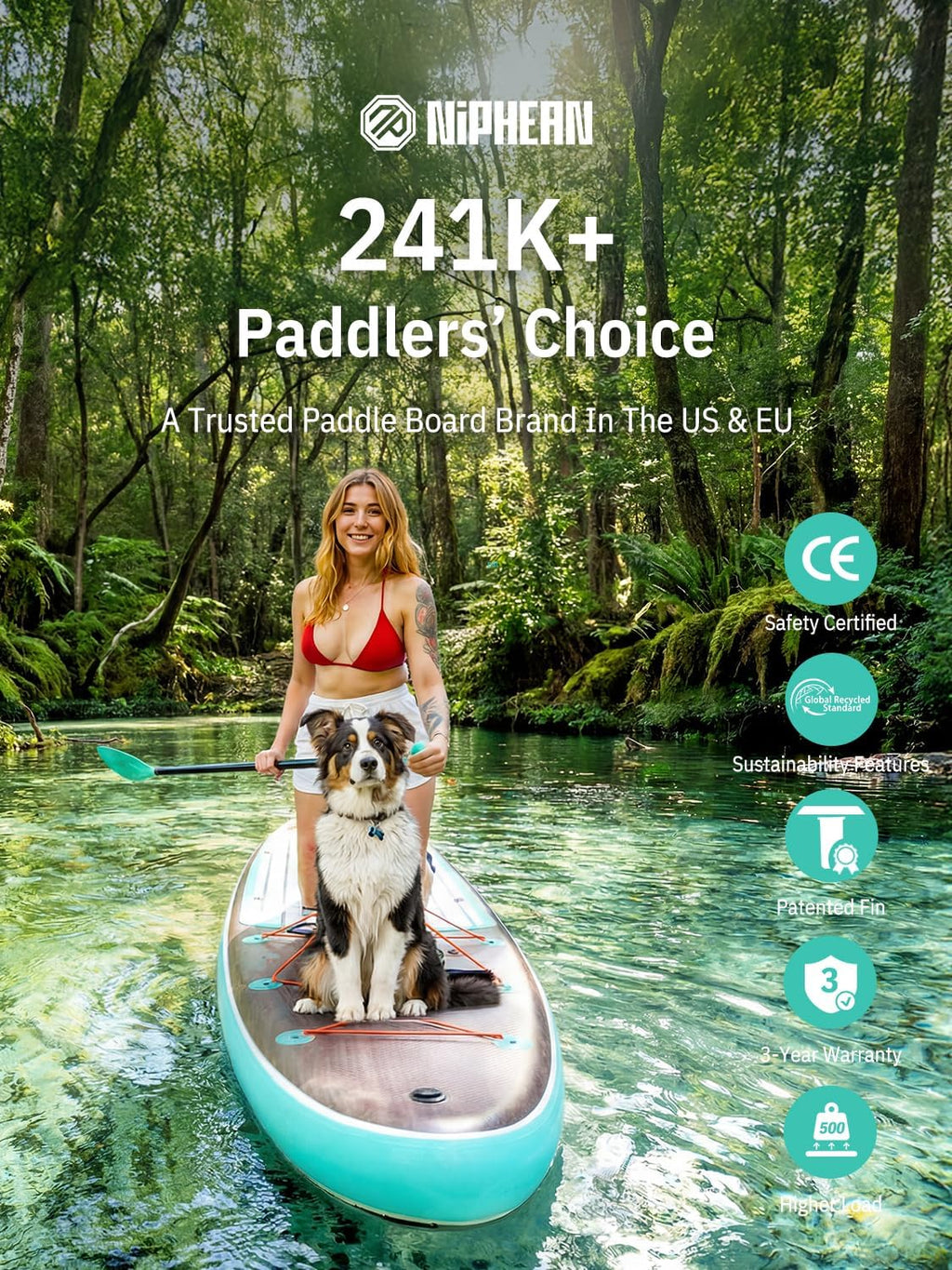 Niphean (Extra Large) Inflatable Paddle Board, SUP for 2+1 People/Family 500lbs Capacity Stand Up Paddle Board with SUP Accessories, StabilTrac Fin Non-Slip Paddleboard for Adults