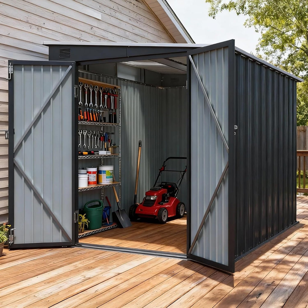 6x8 FT Metal Storage Shed with Skylight, Metal Lean to Garden Shed with Lockable Double Doors for Garden Tools, Lawn Mower, Motorcycle, Outside Storage Shed Waterproof for Backyard, Patio