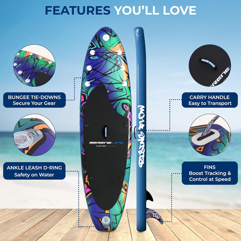 SereneLife Inflatable Stand Up Paddle Board - Wide Stable Design, Non-Slip Deck for Adults & Youth with Premium Paddle Board Accessories: Carry Bag, Dual Action Pump, Paddle, Ankle Leash