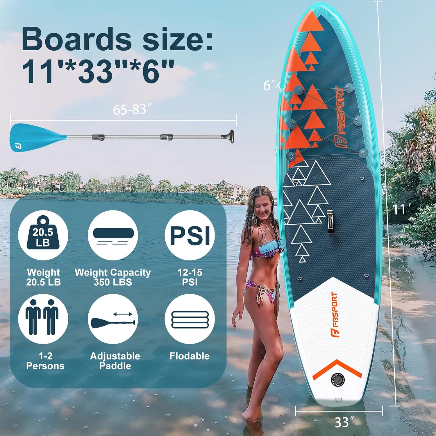 FBSPORT 11' Premium Stand Up Paddle Board, Yoga Board with SUP Accessories & Carry Bag | Wide Stance, Surf Control, Non-Slip Deck, Leash, Paddle and Pump for Youth & Adult
