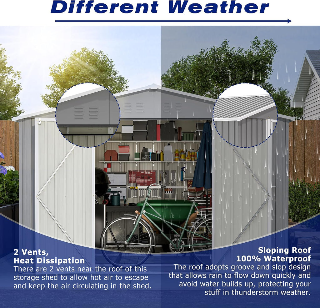 YOPTO 8x12 FT Outdoor Storage Shed W/Floor Frame,Metal Shed W/Double Lockable Doors,Garden Tool House W/ 2 Vents & Sloped Roof,for Backyard Patio Lawn,Gray