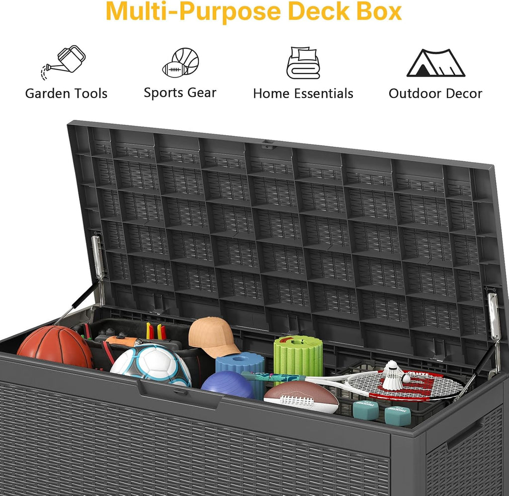 Skepphlay 100 Gallon Deck Box Outdoor Waterproof, Rattan Outdoor Storage Box, Patio Storage Boxes for Cushions, Pillow, Garden Tools, Equipment