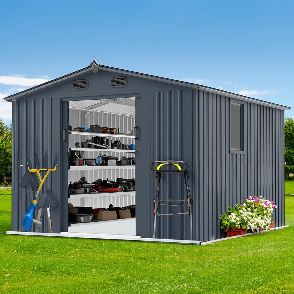 8x10FT Outdoor Storage Shed, Galvanized Steel Metal Storage Shed with Lockable Doors, Storage Sheds Outdoor Without Floor, Ventilation, Sloped Roof Metal Building for Tools (8x10 FT Steel)