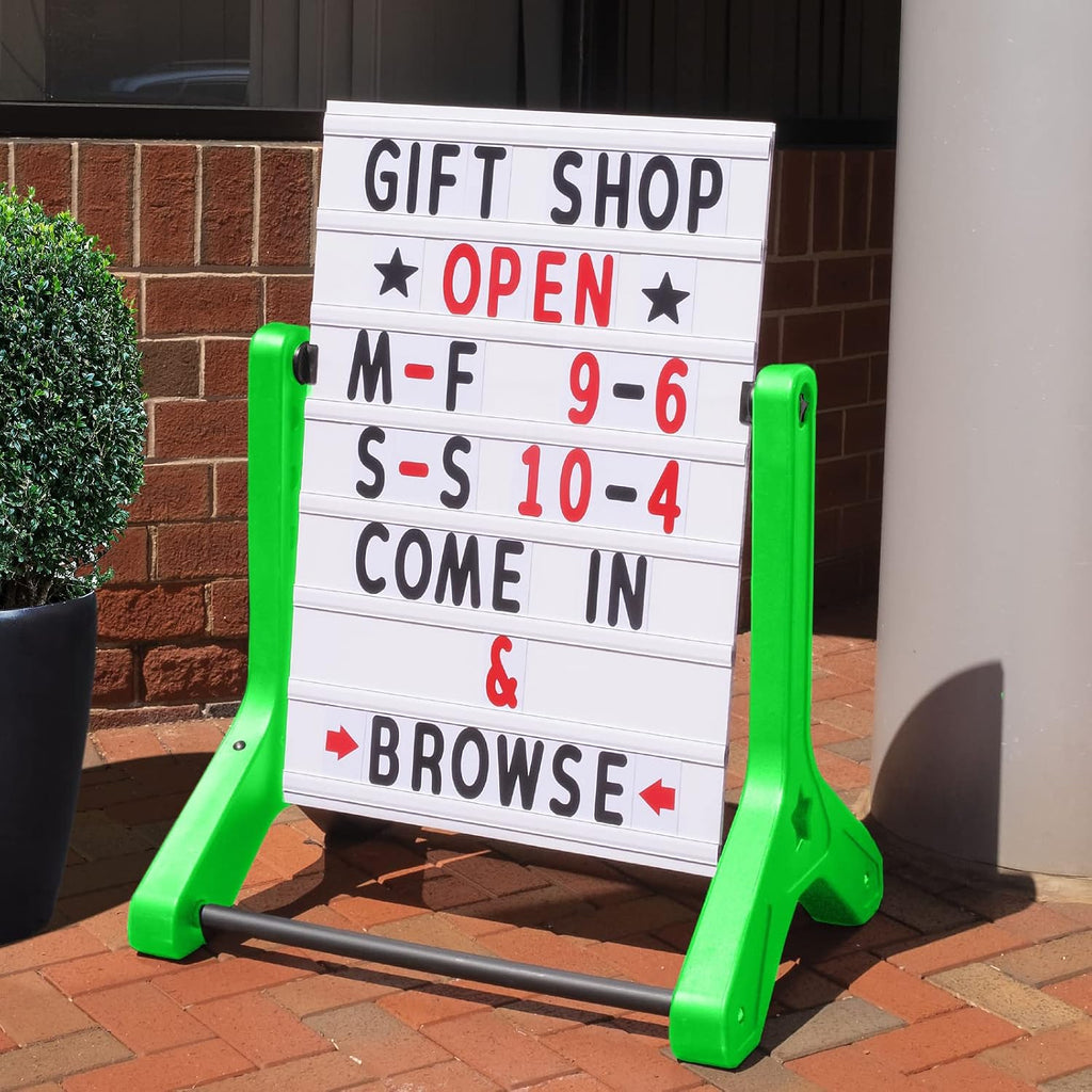 EXCELLO GLOBAL PRODUCTS Swinging Changeable Message Sidewalk Sign: 24' x 36' with 792 Pre-Cut Double Sided Letters and Storage Box. Includes Black Board & Letter Board (Green Color Legs)