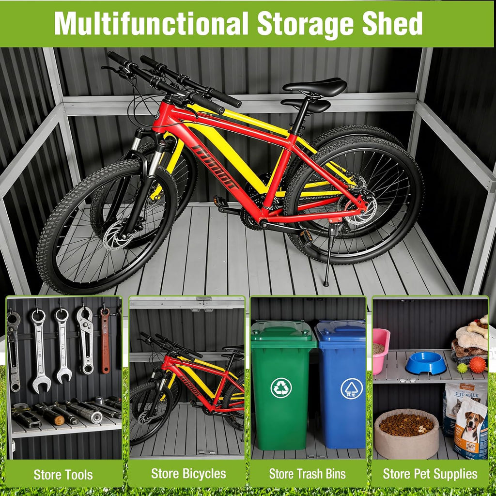 Outdoor Storage Shed with Metal and Wood Frame, Resin Garden Sheds with Removable Shelves and Floor, Weatherproof Plastic Roof Outdoor Trash Can Shed, Horizontal Storage Cabinet for Patio(Black)