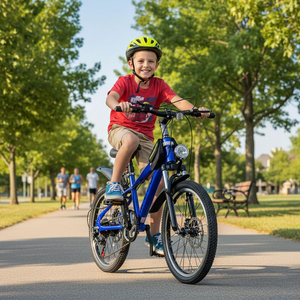 Kids Bike for Boys & Girls Ages 7–12, 20/24 Inch Mountain Bicycle with 7-Speed Gear, Dual Disc Brakes, Suspension Fork, LED Headlight – Youth Bike for Outdoor Riding