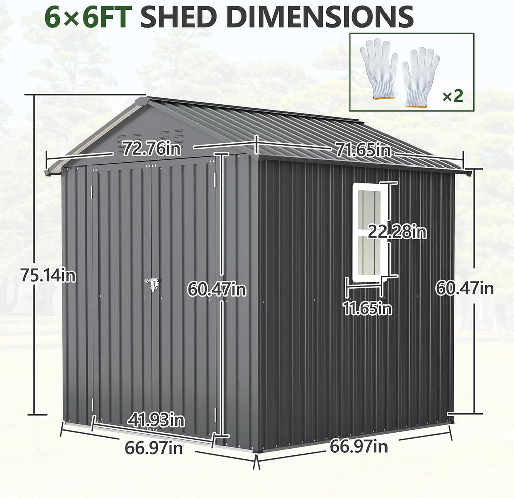 6x6FT Outdoor Storage Shed，Heavy-Duty Metal Storage with Vents and Clear Window