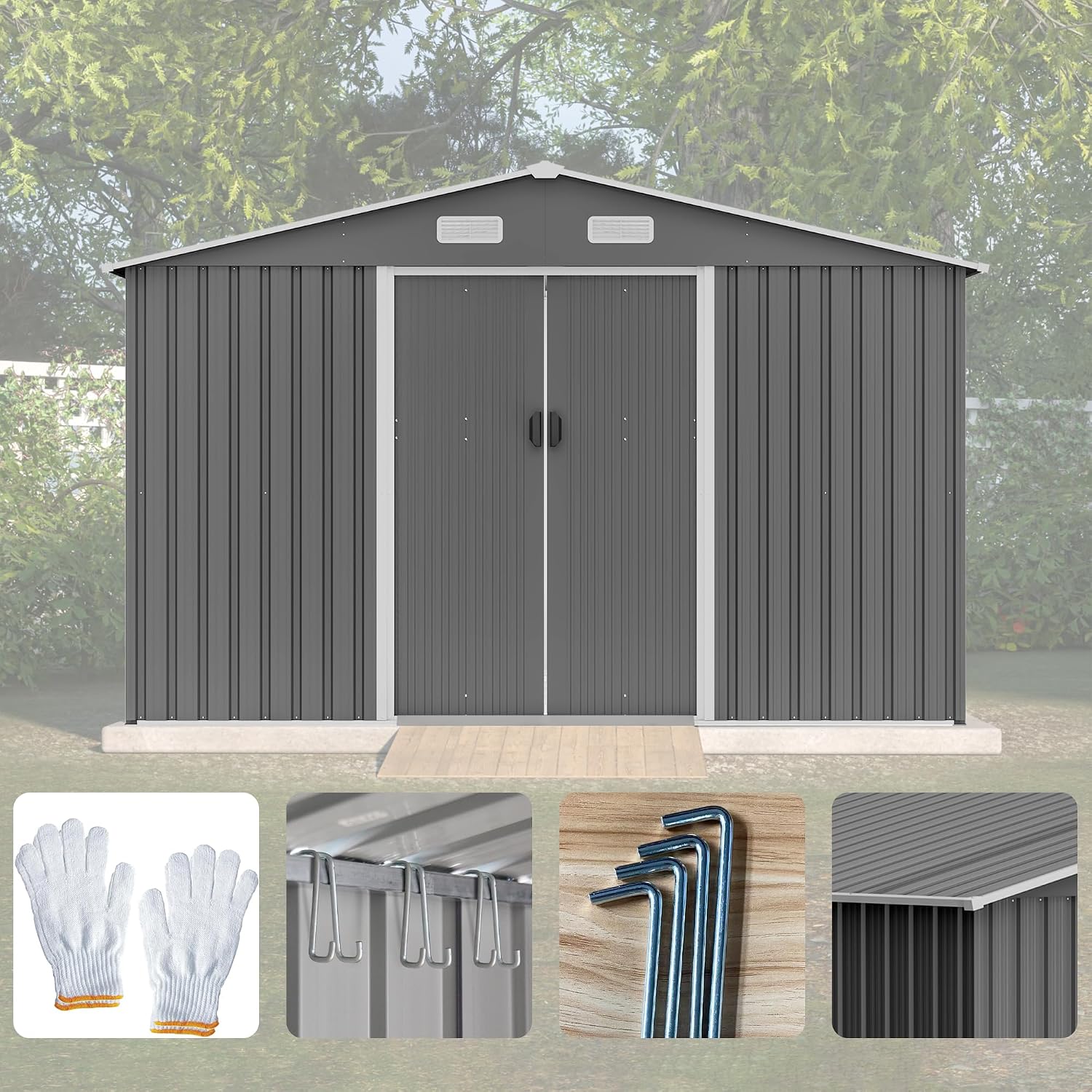 YOPTO 10X8 FT Outdoor Storage Shed W/Lockable Sliding Doors,Metal Shed W/Sloped Roof & Air Vents,All Weather Garden Tool House for Backyard Patio Lawn,Gray