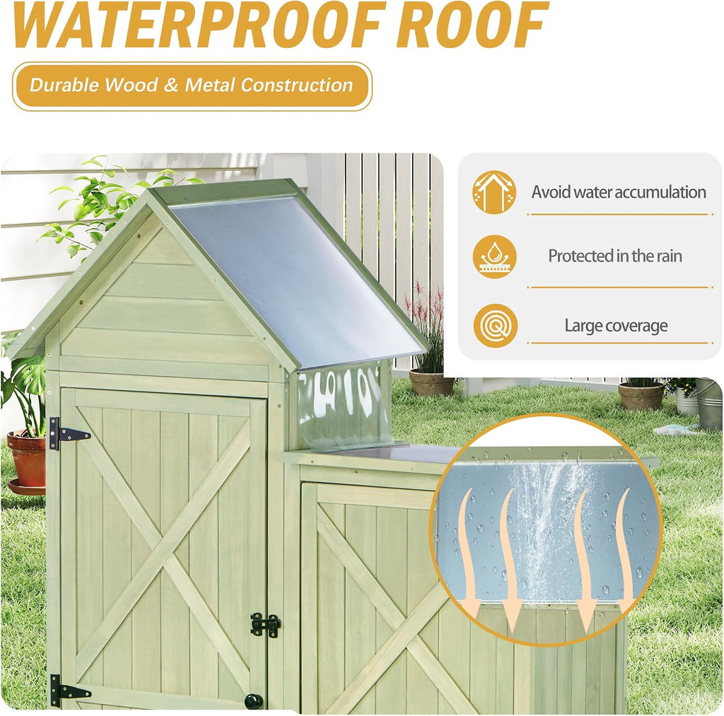 Outdoor Storage Cabinet - Waterproof Metal Roof & Wooden Vertical Design, Tall Garden Tool Shed with Multiple Shelves for Patio, Backyard, Lawn, Yard (Green, 22' x 46' x 67')