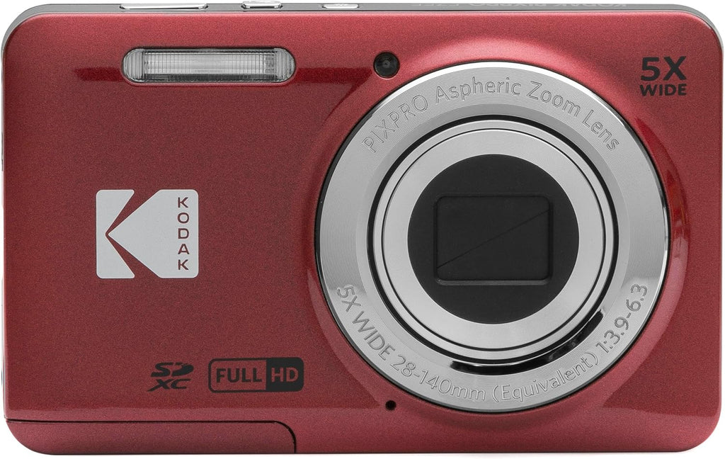 Kodak PIXPRO FZ55 Red 16MP Digital Camera 5X Optical Zoom 28mm Wide Angle 1080P Full HD Video 2.7' LCD Camera + 64GB Card and Reader + Memory Wallet + Tripod + Cleaning Bundle