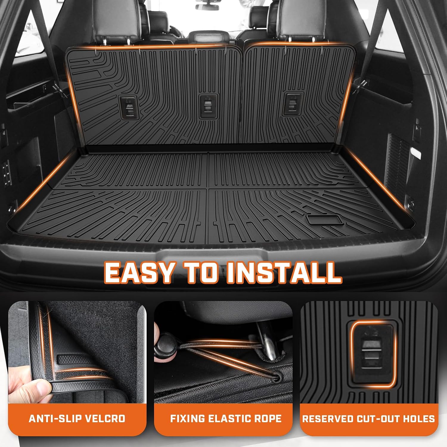 Mixsuper Floor Mat & Cargo Liner for Ford Expedition MAX 2018-2024 (7 Seats-2 Row Bucket Seat),All Weather TPE Anti-Slip Floor mat with Backrest and Door Sill Guards Expedition MAX Accessories,Black