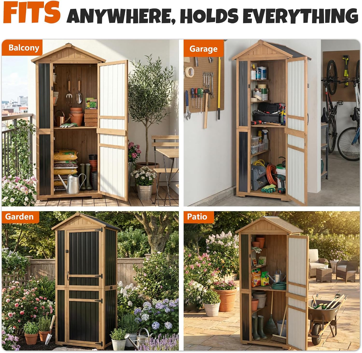 4-Tier Metal & Wood Outdoor Storage Cabinet with Reinforced Frame, Weatherproof Asphalt Roof, Adjustable Shelves, Lockable Doors for Patio, Garden, Garage Organization