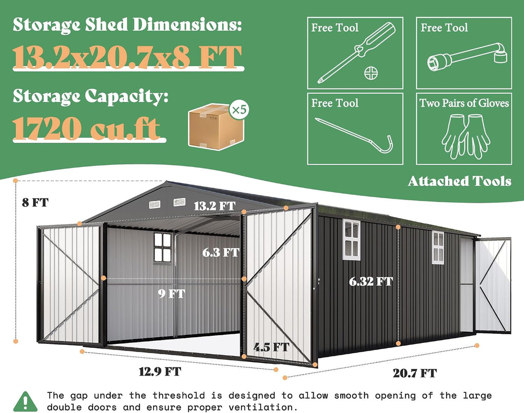 AMERLIFE 13x21x8 FT Outdoor Metal Garage Shed, Extra Large Storage Shed with Double Hinged Doors, 4 Windows, Heavy Duty Carport for Cars, Boats, Trucks and Equipment Storage, Dark Gray